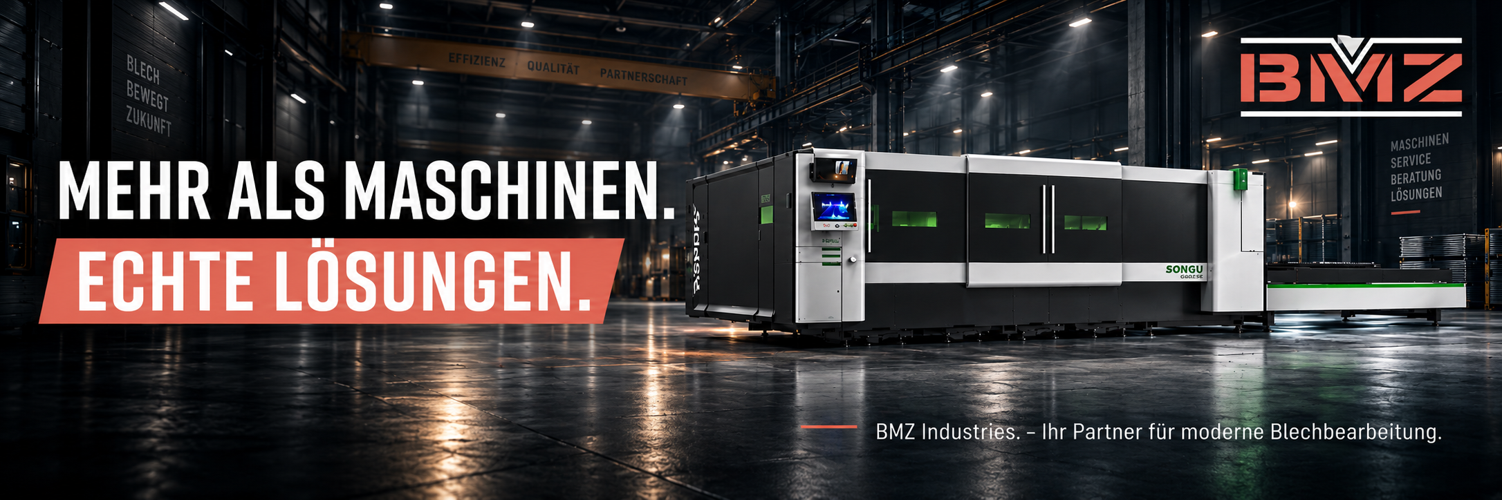BMZ Industries – Mehr als Maschinen. Echte Lösungen. Songu Faserlaser-Schneidanlage in der Produktionshalle BMZ Industries – Mehr als Maschinen. Echte Lösungen. Songu Faserlaser-Schneidanlage in der Produktionshalle