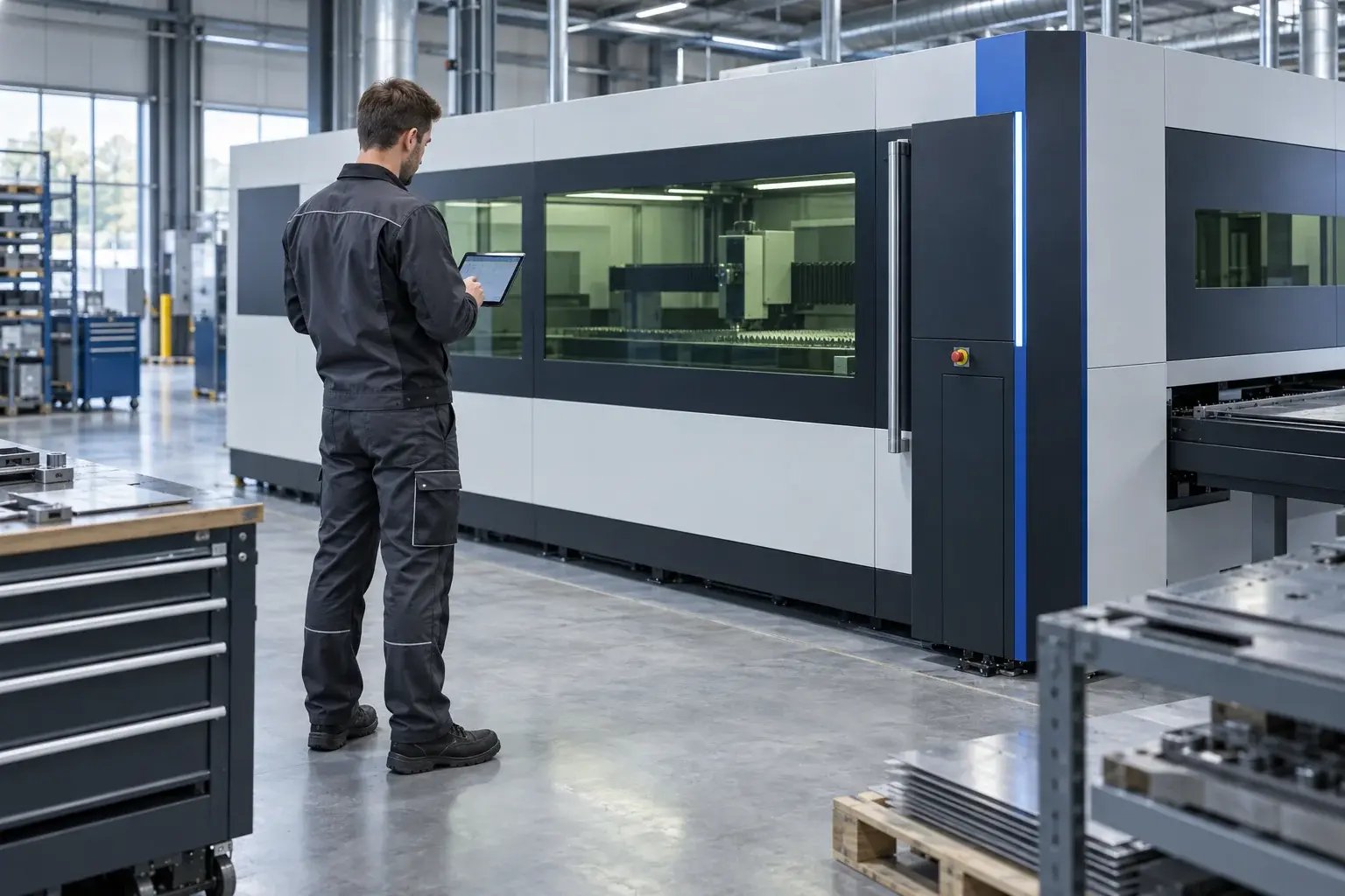 Technische Diagnose an einer Laserschneidmaschine – KI-generiertes Symbolbild
